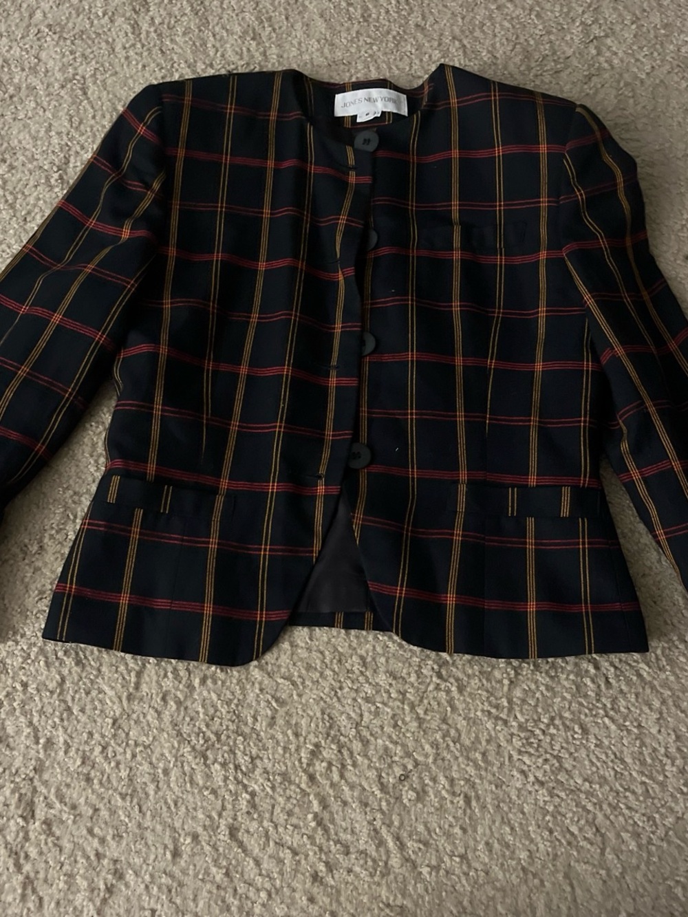 Jones New York Black Plaid Round-Neck Button Blazer with Red and Gold Windowpane
